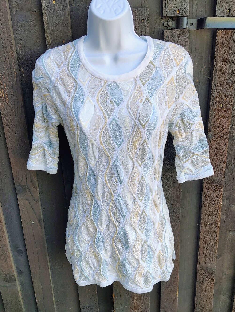 Women's COOGI White Tunic Top with Pale Blue and Beige Accents
